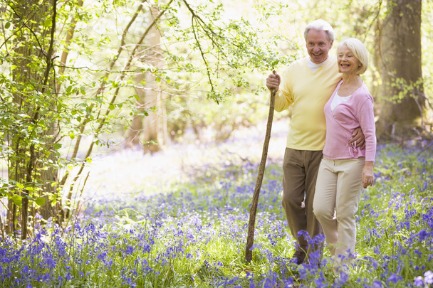 Couple walking outdoors with walking stick smiling - Foto, immagini