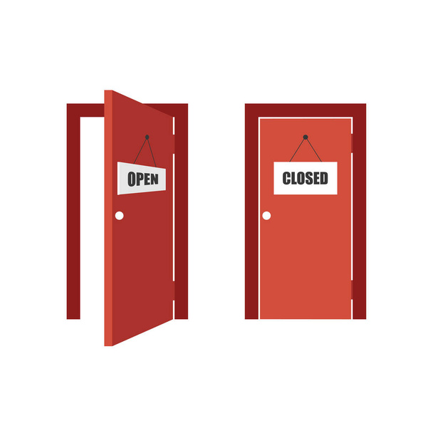 Frontansicht offene und geschlossene rote Eingangstüren. Türsymbol. Vektor-Illustration isoliert auf weißem Hintergrund. - Vektor, Bild