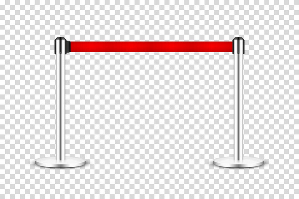 Realistic retractable belt stanchion on transparent background. Crowd control barrier posts with caution strap. Queue lines. Restriction border and danger tape. Vector illustration. - Vector, Image