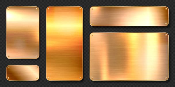 Realistic shiny metal banners set. Brushed steel plate with screws. Polished copper metal surface. Vector illustration. - Vektor, Bild