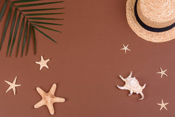 Аксессуары для пляжа с раковинами и морскими звездами на цветном фоне - Фото, изображение