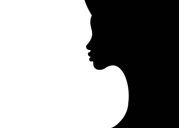 白い背景に女性のプロフィールシルエット。テキストの空白、ロゴテンプレートアフリカ系アメリカ人女性はプロフィールに直面しています。美しい黒のアイコン。ベクトル図 - ベクター画像