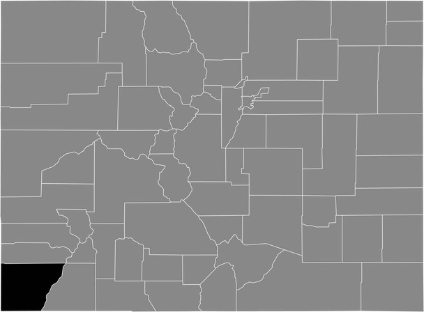 Black highlighted location map of the US Montezuma county inside gray map of the Federal State of Colorado, USA - Vector, Image