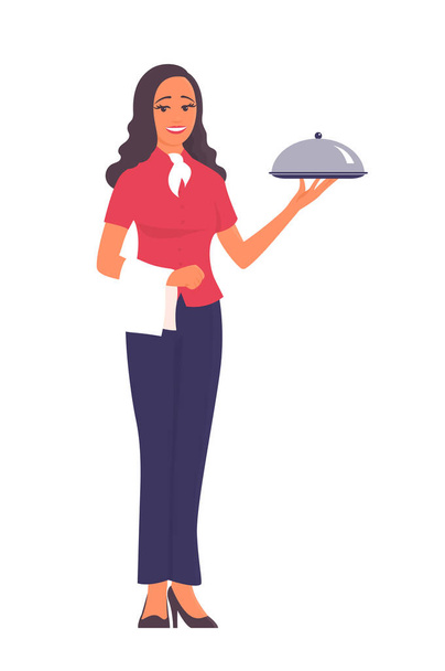 A beautiful girl waiter stands with a tray in his hand. There is a smile on my face. Vector cartoon character illustration on white background - Vector, Image