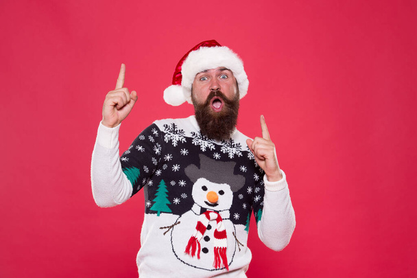 Best time. excited hipster funny sweater with snowman. winter holiday celebration. feeling freedom and success. new year happiness. merry christmas to you. having fun. happy bearded man red santa hat - Valokuva, kuva