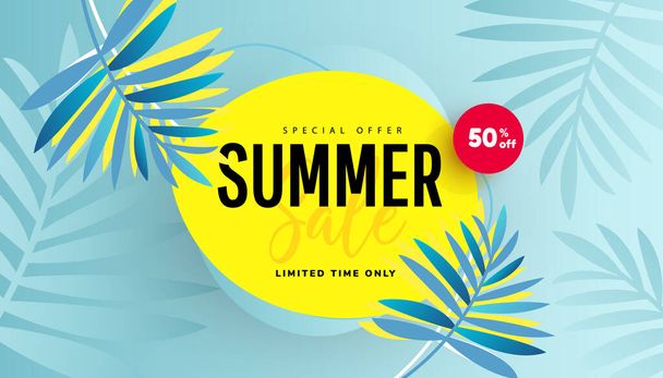 Ilustración vectorial de venta de verano con hojas tropicales. Banner de promoción para sitio web, volante y póster. Ilustración vectorial - Vector, imagen