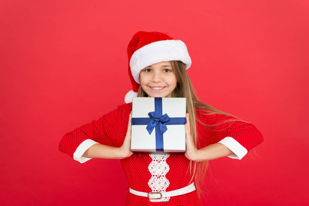 this is mine. time for xmas gifts. time to celebrate new year. best christmas gift shop. winter holidays shopping. present box for happy kid. little girl santa elf. christmas present delivery in time - Fotografie, Obrázek