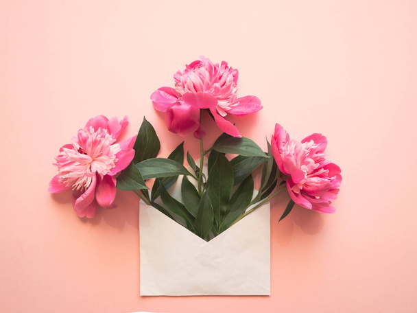 White envelope with pink peonies inside on a pink background. Template for newsletters and other mail designs. - Photo, Image