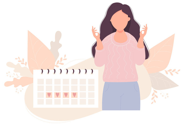 egy lány naptárt néz. Gyönyörű lány lazít mellett a menstruációs naptár. Vektor illusztráció. Fogantatás menstruációs lány és a nők egészségét  - Vektor, kép