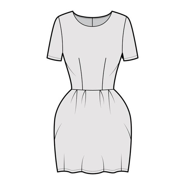 Šaty zvonek technické módní ilustrace s krátkými rukávy, montované tělo, mini délka tužka sukně. Ploché oblečení vpředu - Vektor, obrázek