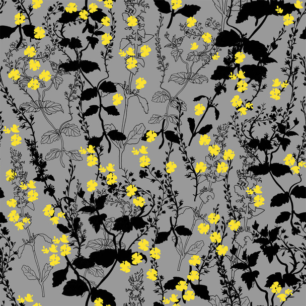 Trendy colors yellow wildflowers and grasses in flat style on gray background.  - Wektor, obraz