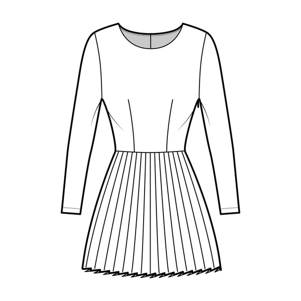 Dress pleated technical fashion illustration with long sleeves, fitted body, mini length skirt. Flat apparel front - Vector, Image