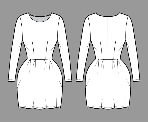 Ilustración de moda técnica de campana de vestir con mangas largas, cuerpo ajustado, mini falda de lápiz de longitud. Ropa plana frontal - Vector, imagen
