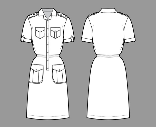 Dress safari technical fashion illustration with short sleeves, flap cargo pockets, epaulettes, fitted body, knee length - Vector, Image