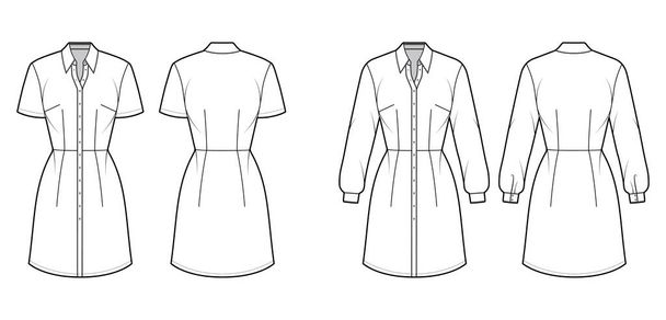 Készlet ruhák ing technikai divat illusztráció hosszú rövid ujjú, felszerelt test, térd hossza, klasszikus gallér - Vektor, kép