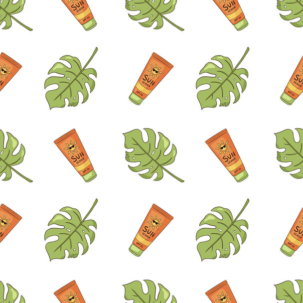 Sunscreen Tubes and Monstera Leaves Seamless Pattern. Sun protection factor and tropic foliage for skincare cosmetics, wallpaper, web, wrapping paper, background, texture - Vector, imagen