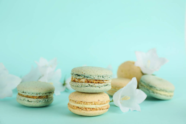 Delicious macarons and white bellflowers on light blue background, space for text - Foto, immagini