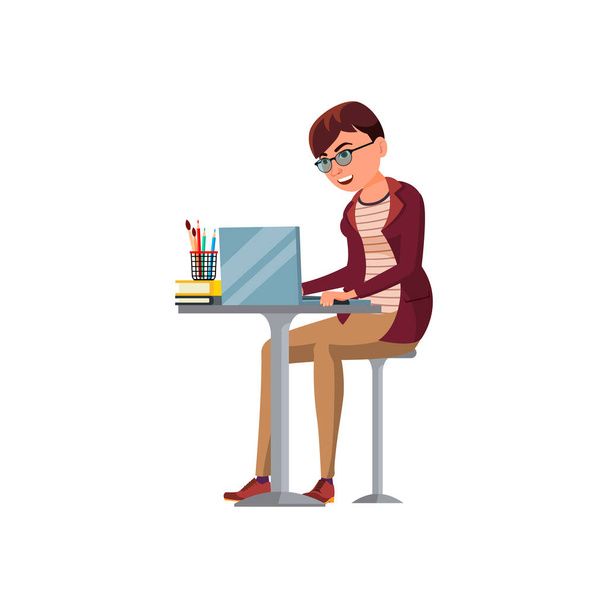 suunnittelija nainen luova työaika kannettavan sarjakuva vektori. suunnittelija nainen luova työaika kannettavan tietokoneen hahmo. eristetty tasainen sarjakuva kuva kuva - Vektori, kuva