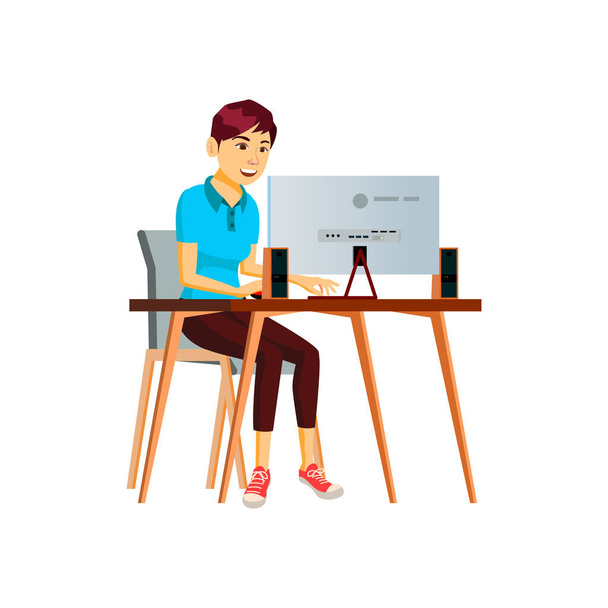 onnellinen nuori nainen työskentelee tietokoneella huoneessa sarjakuva vektori. onnellinen nuori nainen työskentelee tietokoneella huoneen hahmo. eristetty tasainen sarjakuva kuva kuva - Vektori, kuva