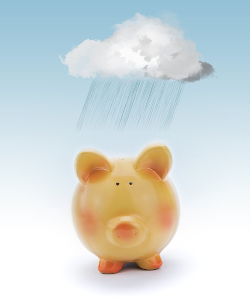 Banco Piggy com nuvem e chuva acima
. - Foto, Imagem