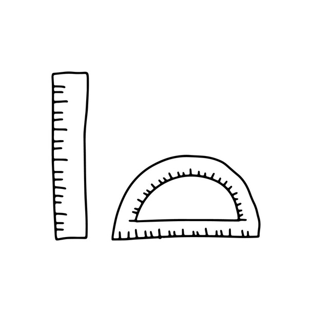 Illustrazione vettoriale in stile schizzo di scarabocchio disegnato a mano di righello rettangolare e goniometro. Nero isolato su sfondo bianco - Vettoriali, immagini