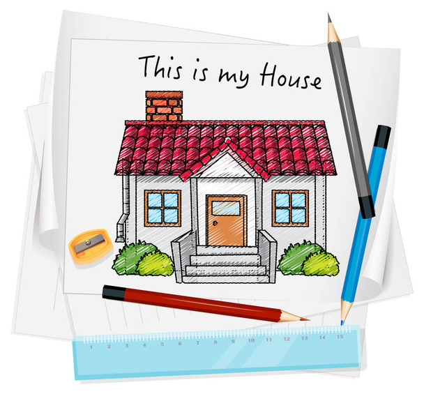 Desenho pequena casa sobre papel ilustração isolada - Vetor, Imagem