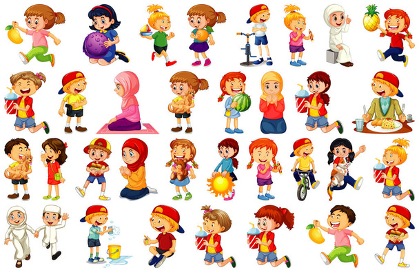 Children doing different activities cartoon character set on white background illustration - Vector, Image