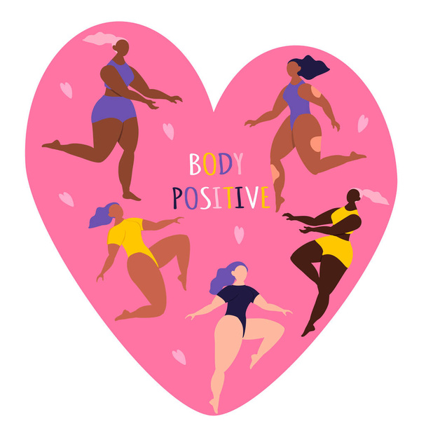  vector illustration on the theme of body positive. Different ethnicity and skin colour women characters in swimwear on the background of the heart. Trendy vector illustration in flat style - Vektori, kuva