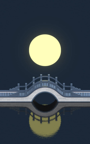 Brücke im chinesischen Stil mit Vollmondhintergrund, 3D-Rendering. Digitale Computerzeichnung, - Foto, Bild
