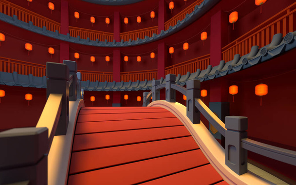 Ponte in stile cinese con sfondo rosso interno, rendering 3d. Disegno digitale del computer, - Foto, immagini