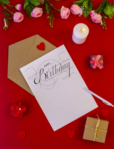 postcard , Internet banner , flat lay with a birthday greeting, with the inscription - happy birthday - 写真・画像