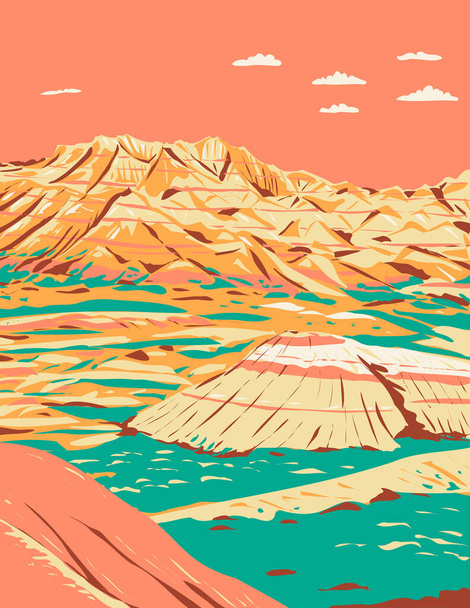 WPA Plakatkunst der dramatischen Landschaft der geschichteten Felsformationen im Badlands National Park South Dakota Vereinigte Staaten von Amerika im Stil der Projektverwaltung oder des föderalen Kunstprojekts. - Vektor, Bild