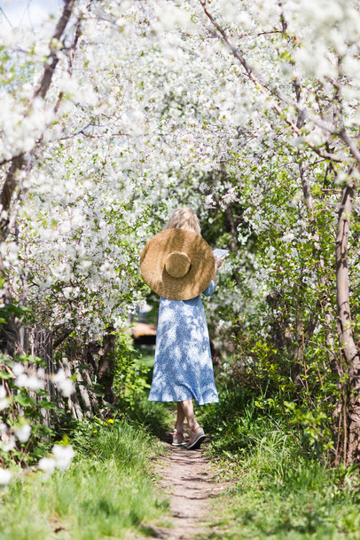 A beautiful young pregnant woman in a  dress with a straw hat walks in the spring garden. Happy pregnancy. - Foto, Bild
