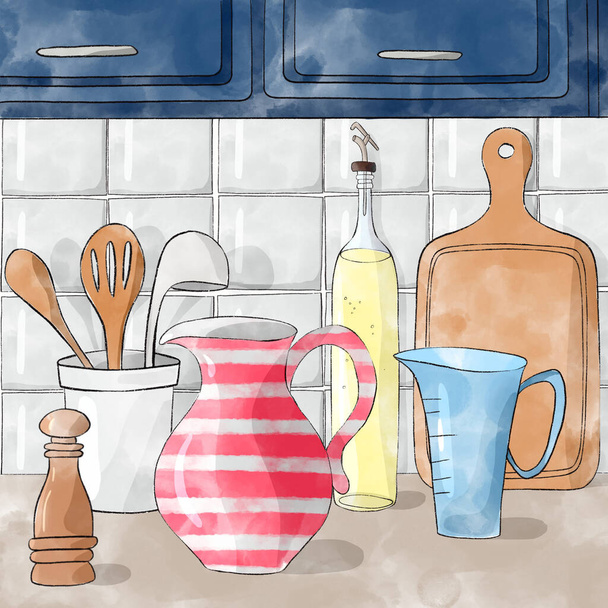 иллюстрация кухонной посуды перцовый мельница, банка с деревянной ложкой, деревянная кухонная лопатка, ковш, красный с белыми полосками графин для воды, бутылка масла подсолнечника, стакан, деревянная доска резки на кухонном столе. - Фото, изображение