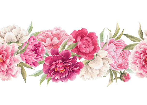 Piękny bezszwowy kwiatowy wzorzec poziomy z ręcznie rysowane akwarela delikatny różowy piwonia kwiaty. Ilustracja zapasów. - Zdjęcie, obraz