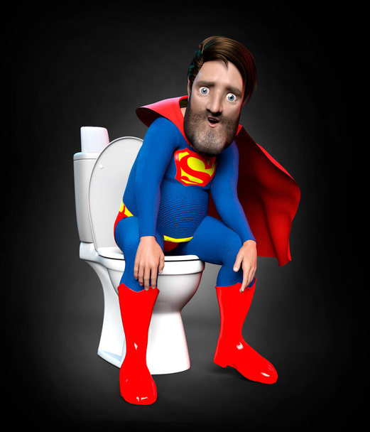 Superhéroe sentado en el baño en el baño. Ilustración 3D - Foto, Imagen