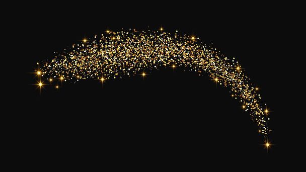 Oro brillante onda confeti y polvo de estrellas. Brillos mágicos dorados sobre fondo oscuro. Ilustración vectorial - Vector, imagen