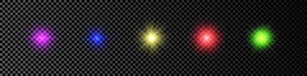 Efeito de luz dos flares da lente. Conjunto de cinco luzes brilhantes multicoloridas efeitos starburst com brilhos em um fundo transparente escuro. Ilustração vetorial - Vetor, Imagem