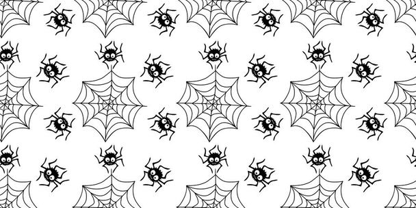 Bezešvé vzory s pavouky a pavučinami. Vektorová ilustrace izolovaná na bílém pozadí. Halloween textura. - Vektor, obrázek