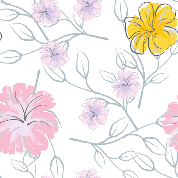 Pink Flowers Blooming Pattern. Pastel Watercolor Floral Print. Little Pink, Yellow, Lilac flower on grey leaf. Elegant brush Background. Seamless Botanical Vector Surface. Texture For Fashion Prints. - Wektor, obraz