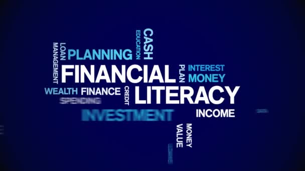 4k Financial Literacy Animado Tag Word Cloud, Animação de texto loop sem costura. - Filmagem, Vídeo