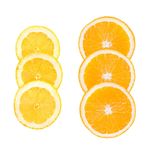 Three slices of lemons and oranges, isolated on white background - Foto, afbeelding