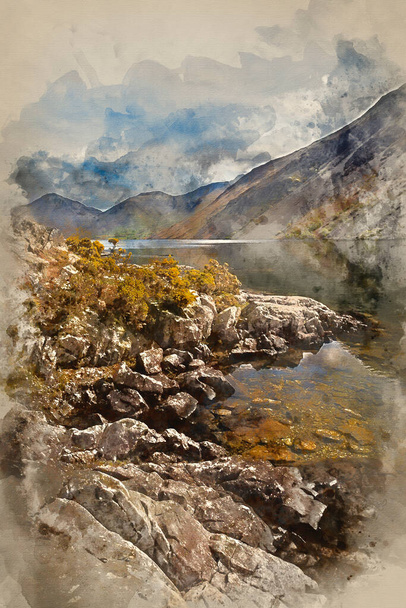 Aquarell-Gemälde von Atemberaubender Landschaft von Waste Water und Lake District Peaks am Sommertag spiegelt sich in perfektem See - Foto, Bild