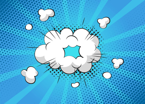 Escenas de diálogo de burbujas de superhéroes de dibujos animados sobre fondo azul. Vector divertido cómics scrapbook página con la nube y la burbuja del habla. Diseño de página de cómic. Símbolos y efectos de sonido. - Vector, imagen