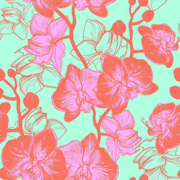 Fresh spring summer seamless pattern with orchids flowers drawn by hand. - Vector, imagen
