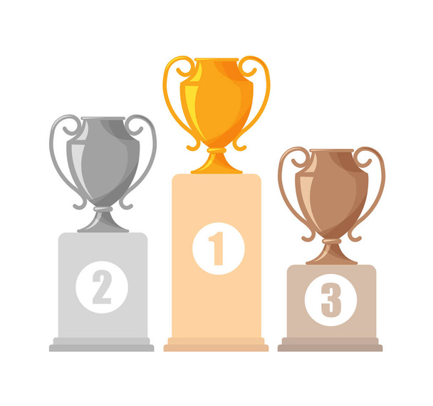 Silver, gold and bronze elegant trophy cups. Award or winner cup on champion podium. Vector illustration isolated on white background. - Vector, Image