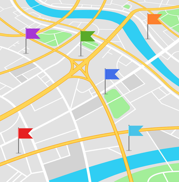 Χάρτης δρόμου με χρωματιστές σημαίες. Πλοηγός GPS με ακρίβεια. Σημάδια τοποθεσίας σε ένα τοπίο της πόλης. Εικονογράφηση διανύσματος. - Διάνυσμα, εικόνα