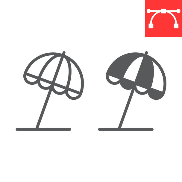 Зонтичная линия пляжа и знак знака, зонтик от солнца и туризм, векторный значок зонтика, векторная графика, редактируемый штрих, эпс 10 - Вектор,изображение