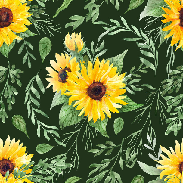 Beautiful seamless pattern with bright sunflowers, herbs and leaves. Hand painted watercolor illustration on dark. Great for fabrics, wrapping papers, wallpapers, covers. Summer textile print. - Photo, Image