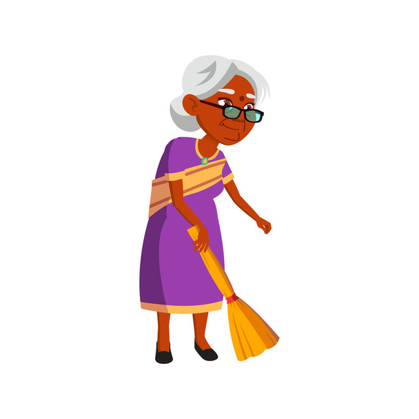 Indiaanse dame senior vegen vloer met bezem cartoon vector. Indiaanse dame senior vegen vloer met bezem karakter. geïsoleerde platte cartoon illustratie - Vector, afbeelding